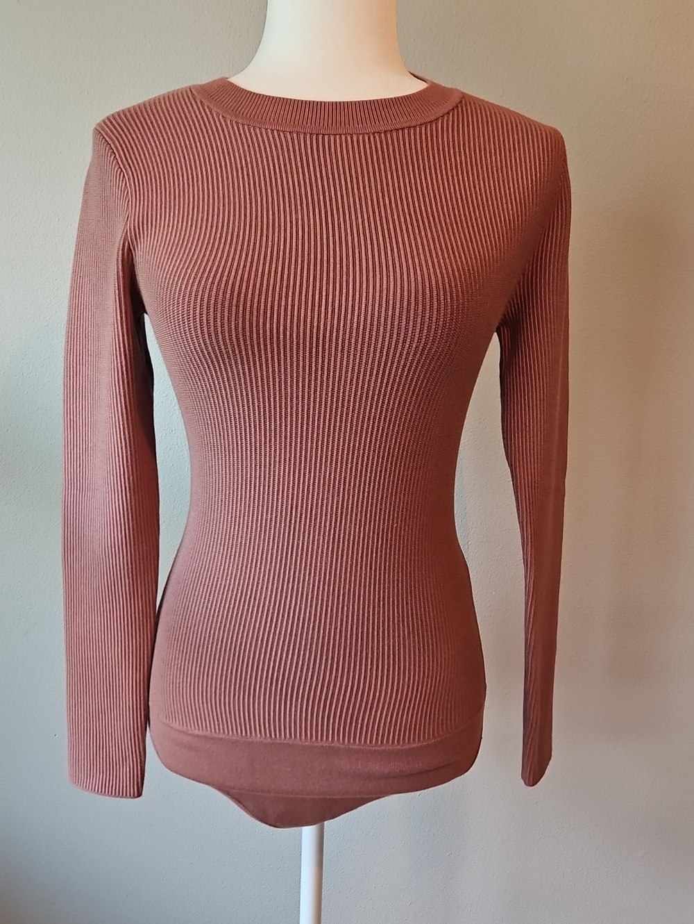Abercrombie & Fitch Brown Tone Ribbed Long-Sleeve Bodysuit